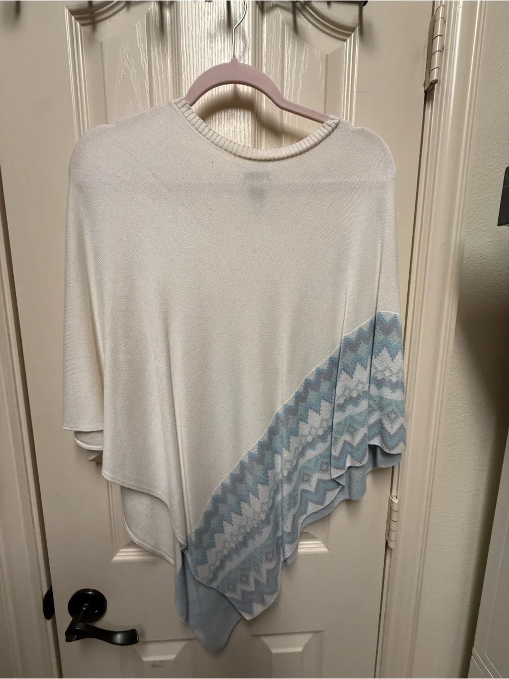 Chico's Cream Poncho with Soft Blue Geometric Border